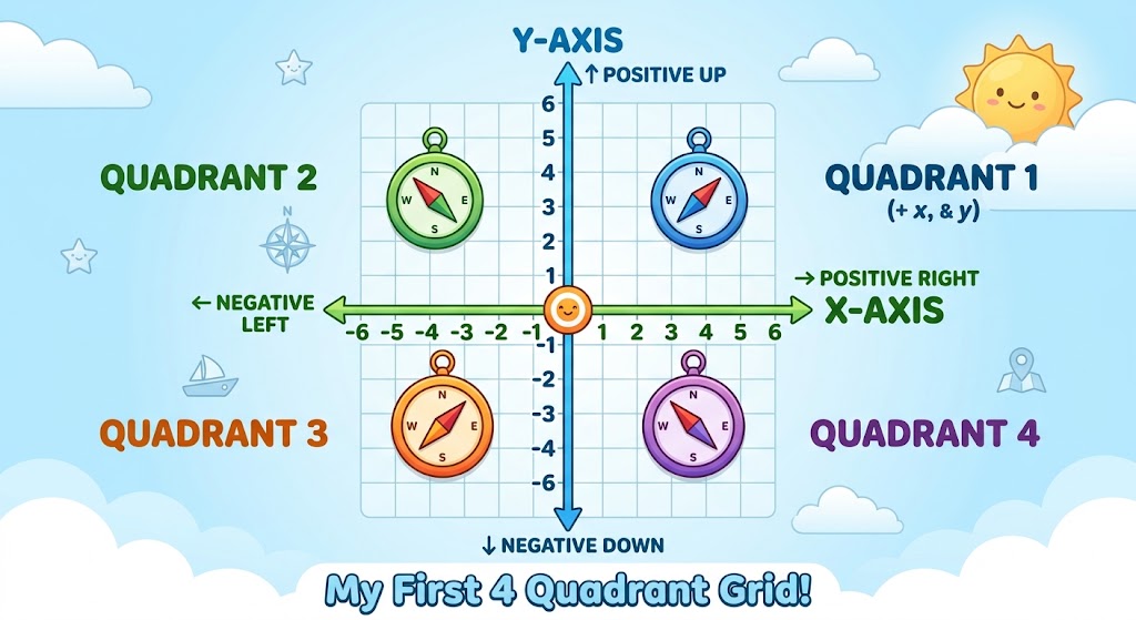 Simple illustration of a 4-quadrant coordinate grid for kids aged 9 to 11.