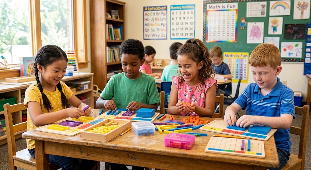 A multi-cultural group of elementary school children sitting together at a bright classroom table using colorful counting blocks and number tiles.