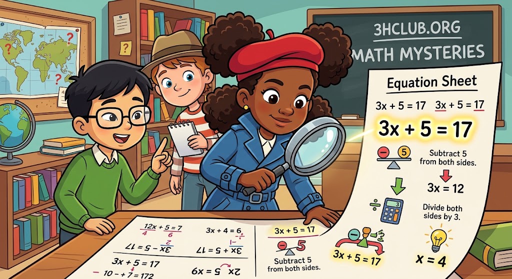Cartoon kid detective solving algebraic equations step-by-step.