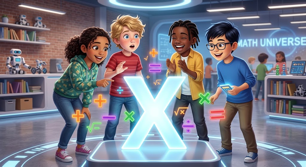 Diverse group of children holding colorful mathematical variables and numbers.