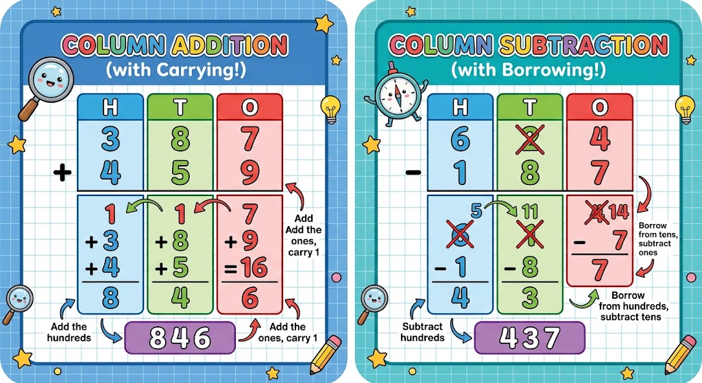 Reference infographic showing step-by-step column addition and subtraction with carrying and borrowing.