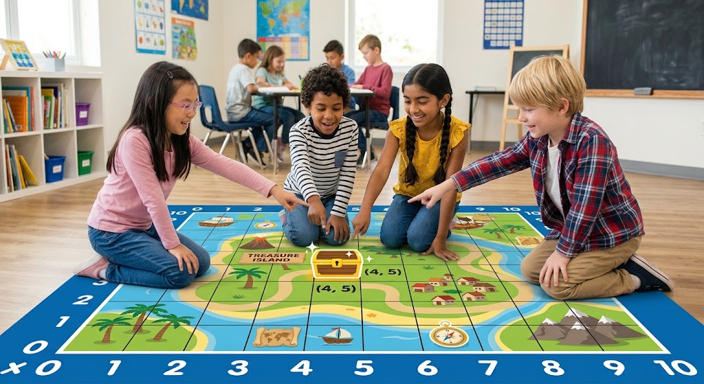 A diverse group of kids gathered around a giant floor coordinate grid map looking for treasure.