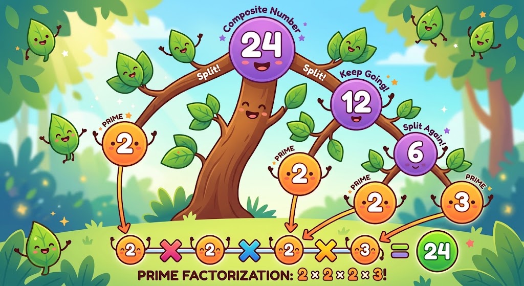 A colorful educational diagram of a factor tree breaking down the number 24 into its prime factors.