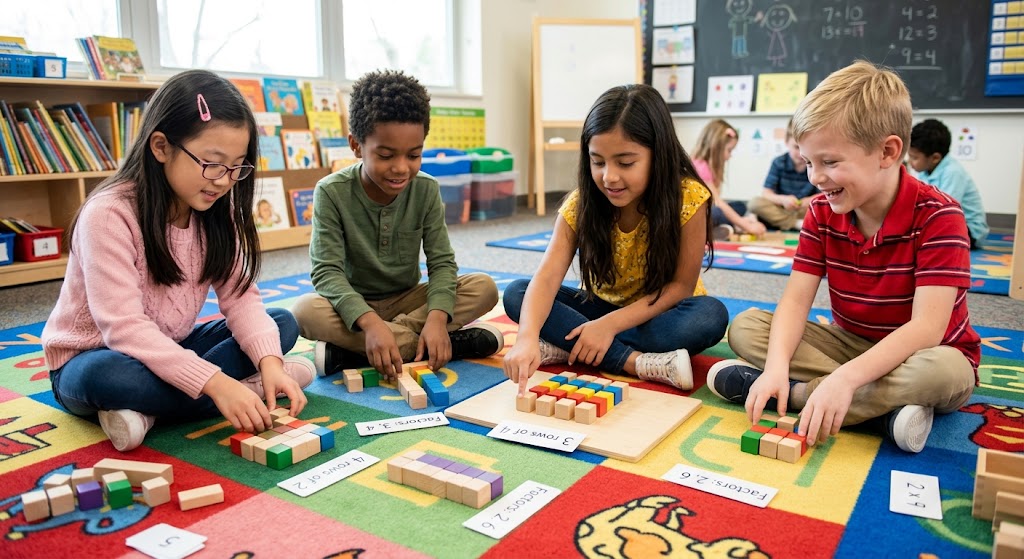 A diverse group of elementary school children organizing colorful building blocks into factor arrays on a classroom floor.