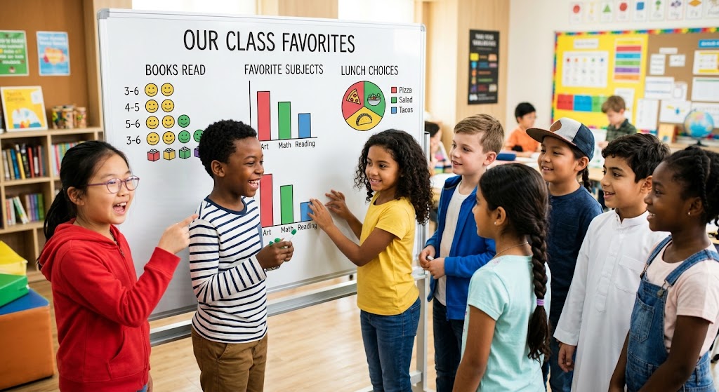 A diverse group of happy children looking at colorful graphs on a big classroom board.