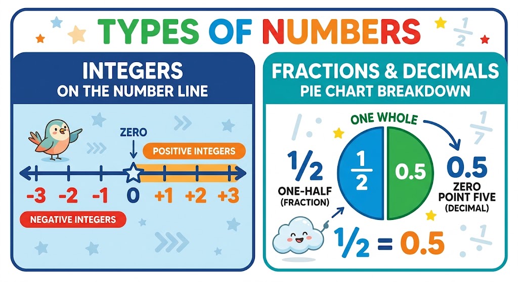 A clean, colorful 2-panel chart for kids explaining Types of Numbers showing a Number Line with Integers (-3 to +3) on the left and a Fraction and Decimals breakdown on the right.