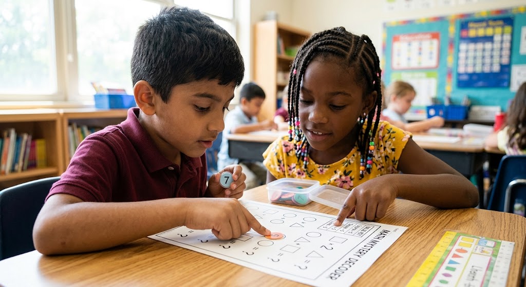 Close-up of multicultural children actively collaborating on a substitution worksheet game, placing numbered tokens onto shapes.