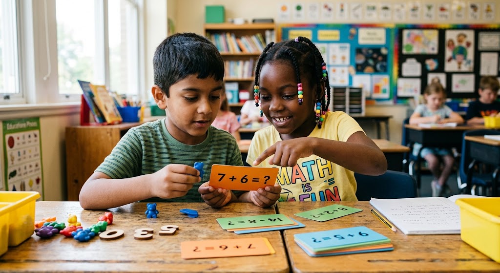 A South Asian boy and a Black girl solving an interactive addition and subtraction puzzle using math cards at a school desk.