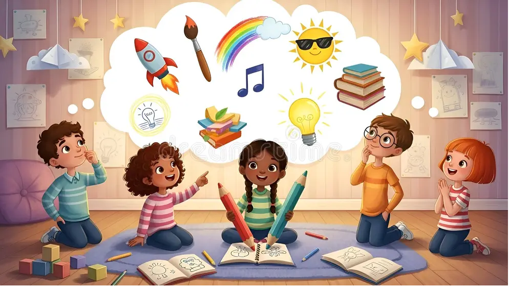 Cartoon illustration of diverse children happily writing a story together with colorful pencils.