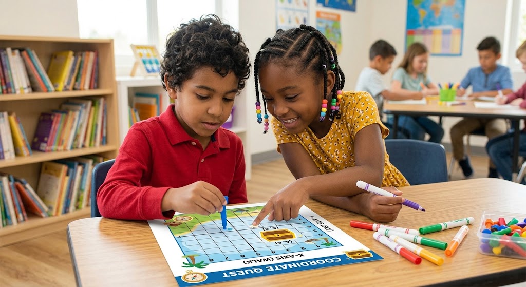 Multicultural kids placing target markers on a giant grid worksheet.