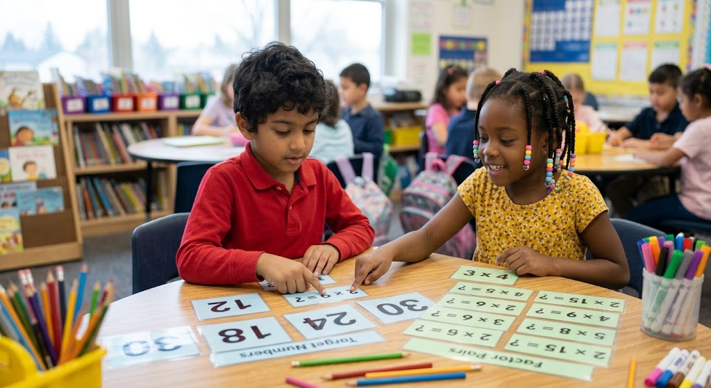 Multi-cultural kids playing a factor matching board game at a school desk.