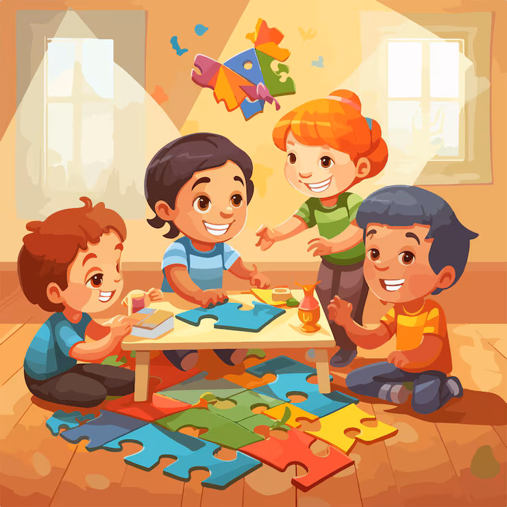 Graphic vector of multi-cultural kids happily organizing grammar puzzle blocks at a desk.