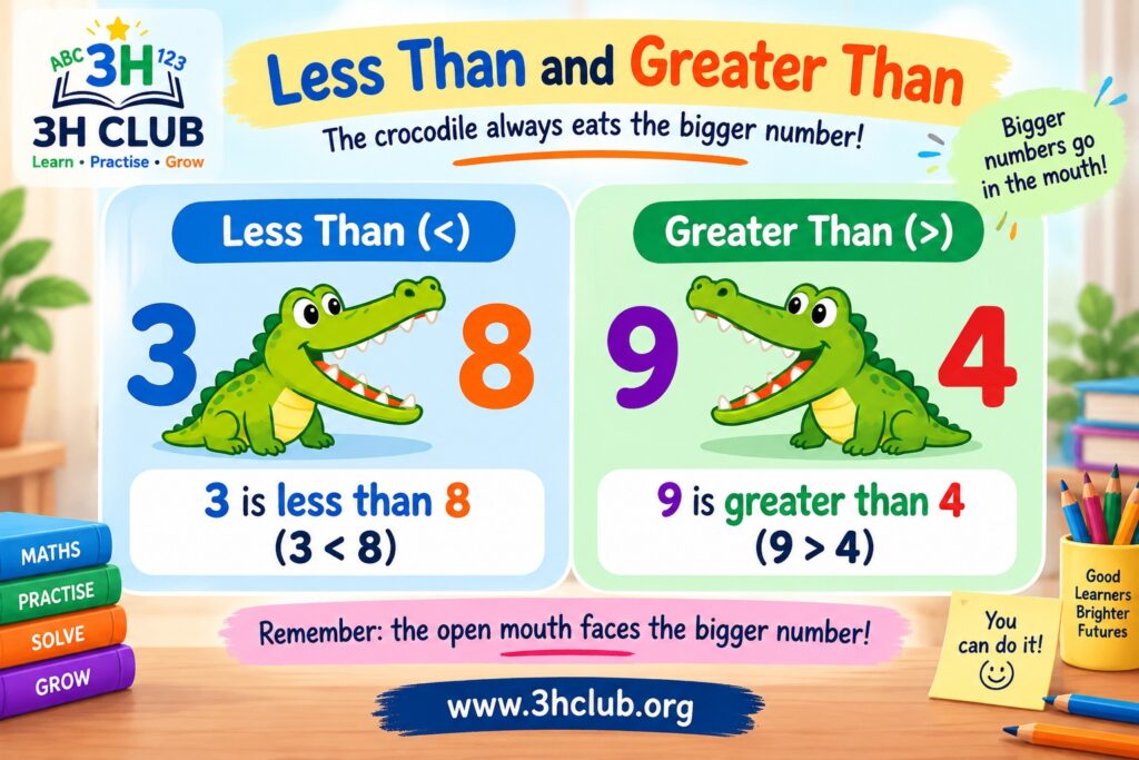Crocodile trick for teaching less than and greater than symbols to children