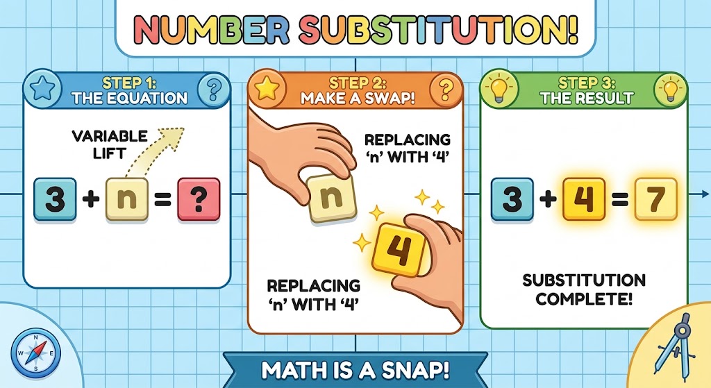Cartoon infographic demonstrating the step-by-step process of substituting the number 4 for the letter 'n' in the simple equation 3 plus 'n'.