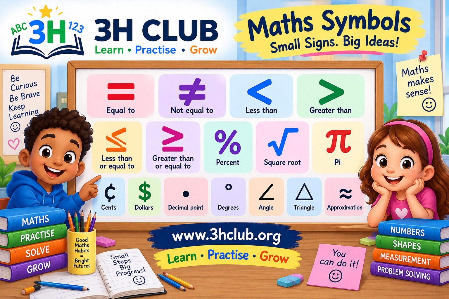 Maths symbols for children including equal less than greater than percent and pi