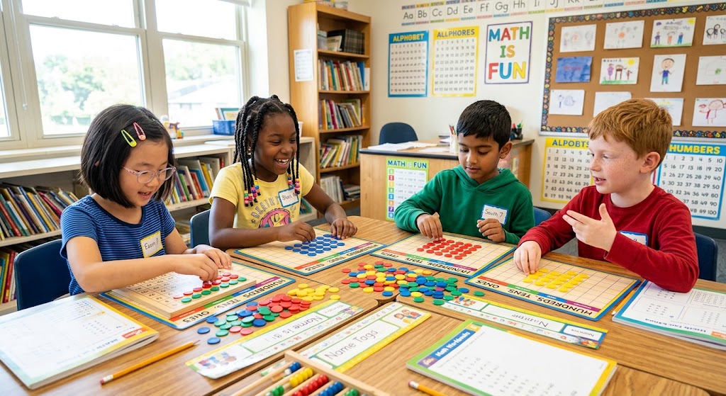 A multi-cultural group of elementary children (a South Asian boy, a Black girl, an East Asian girl, and a Caucasian boy) at a bright classroom table working together with multiplication arrays and colorful plastic counting chips.