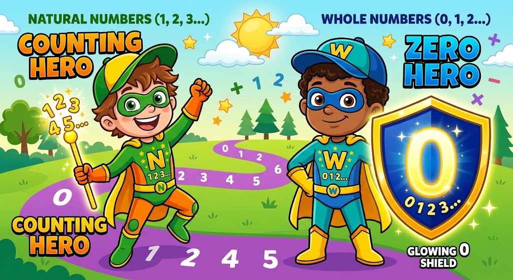 A bright cartoon graphic featuring two math superhero characters representing Natural Numbers (Counting Hero) and Whole Numbers (Zero Hero with a glowing 0 shield).