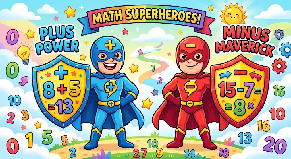 A cheerful cartoon illustration showing an addition superhero character with a plus shield next to a subtraction superhero character holding a minus shield.