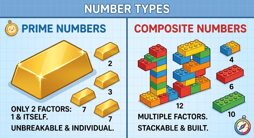 Illustration comparing unbreakable prime numbers with composite numbers made of smaller factors.