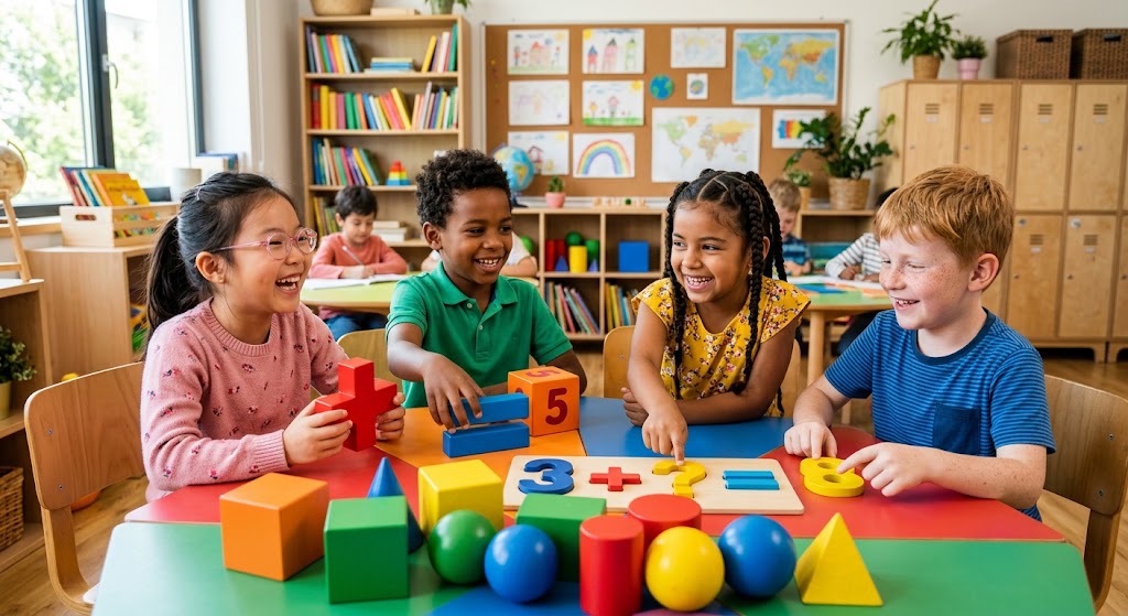 A diverse group of multi-cultural elementary school children gathered around a classroom desk playing with giant colorful math symbols and numbers.