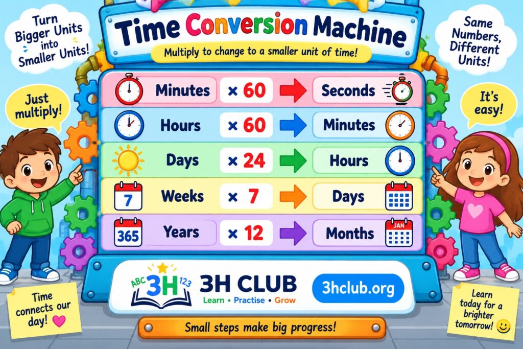 Time conversion chart showing how to change minutes hours days weeks and years