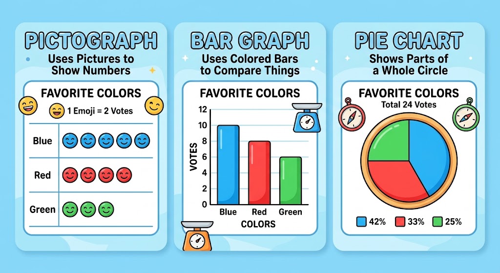 Side-by-side illustration comparing a pictograph, bar graph, and pie chart for kids.