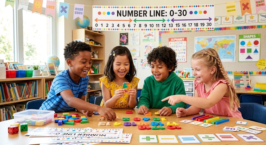 A multi-cultural group of elementary school children looking excited around a bright classroom table covered with colorful wooden numbers, number line banners, and math symbol cards.