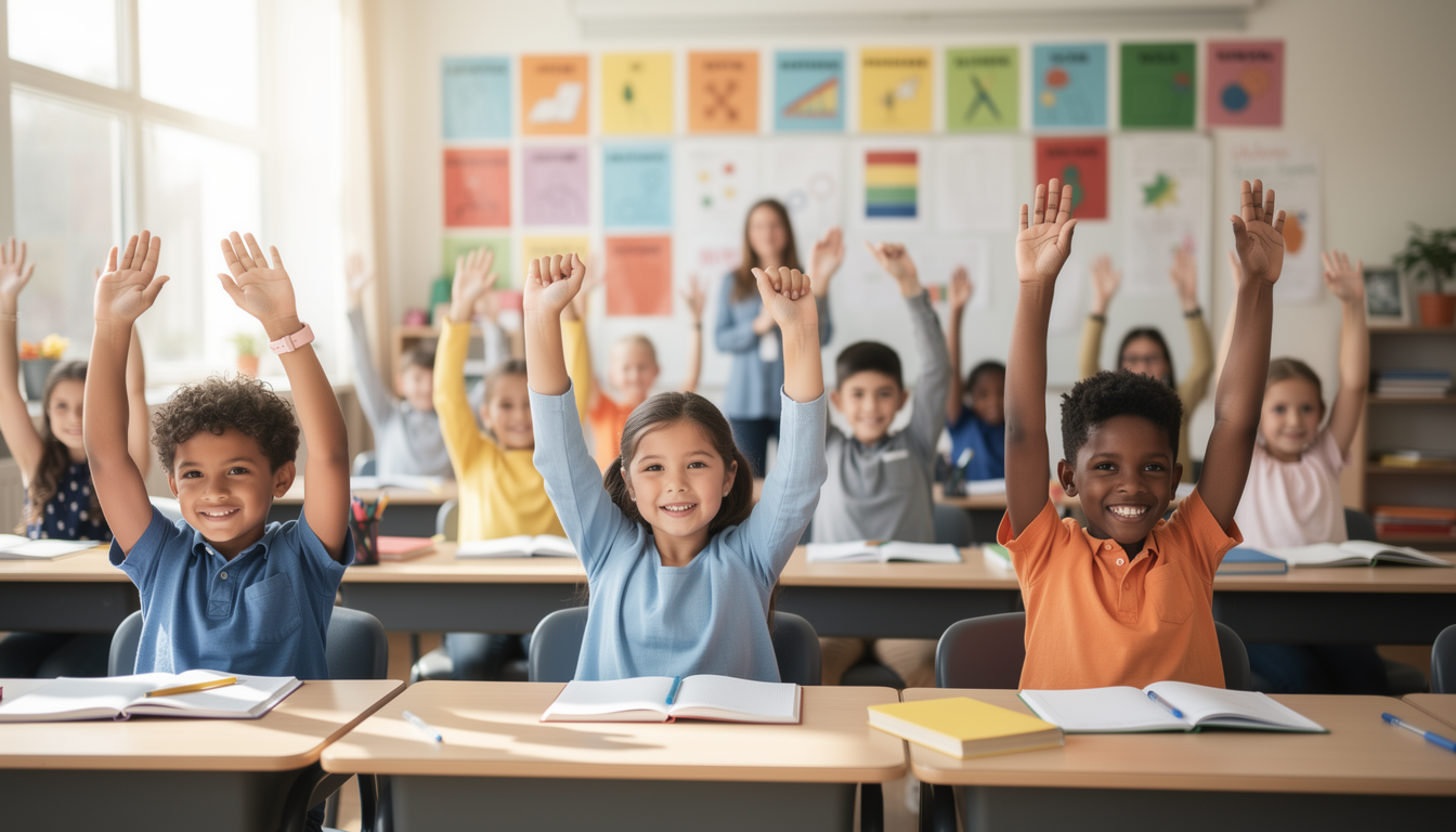 A diverse, multi-cultural group of elementary school children smiling and raising their hands in a classroom.