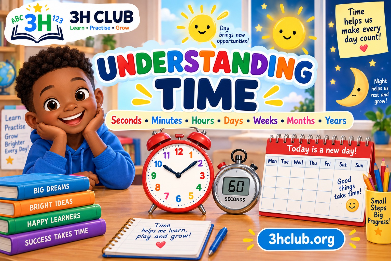 Understanding time Maths lesson with clock stopwatch and calendar