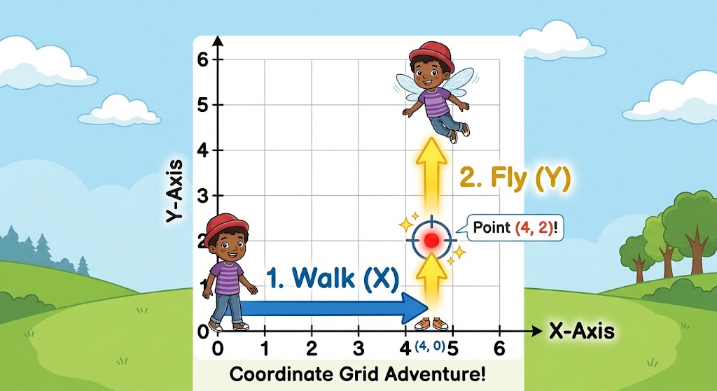 Cartoon diagram illustrating the rule walk along the X axis then fly up the Y axis with kid footprints and a flying superhero.